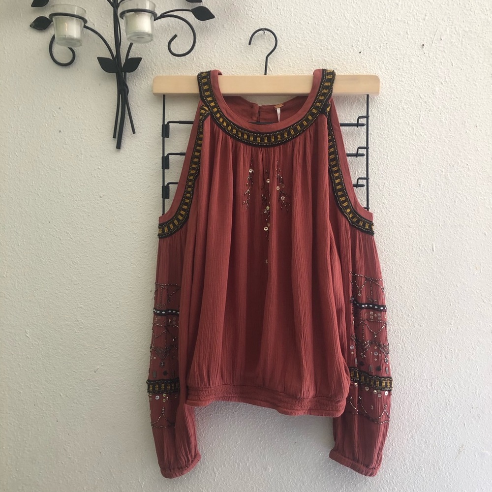 Free People Cold Shoulder Blouse Color Tuscan Red